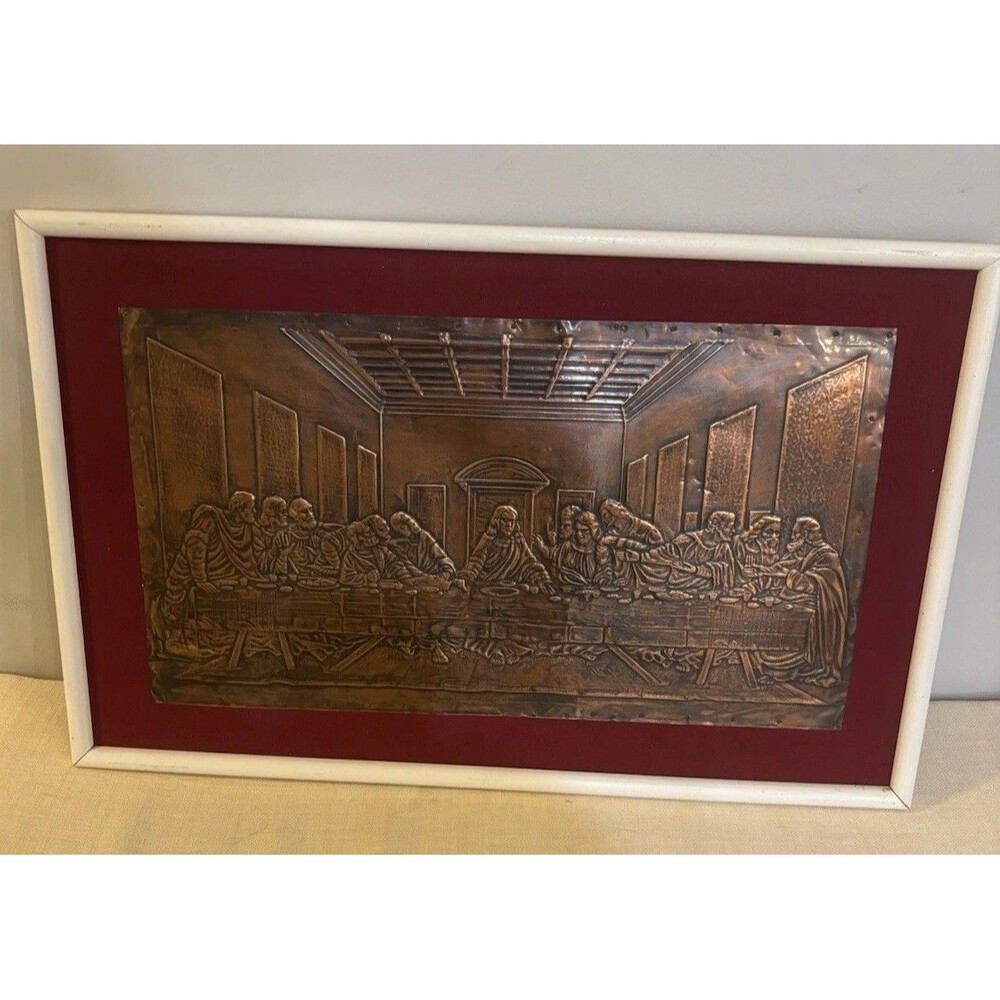 Vintage MCM Hammered Copper Relief Art Panel Last Supper 16.5”x25” - 1970s